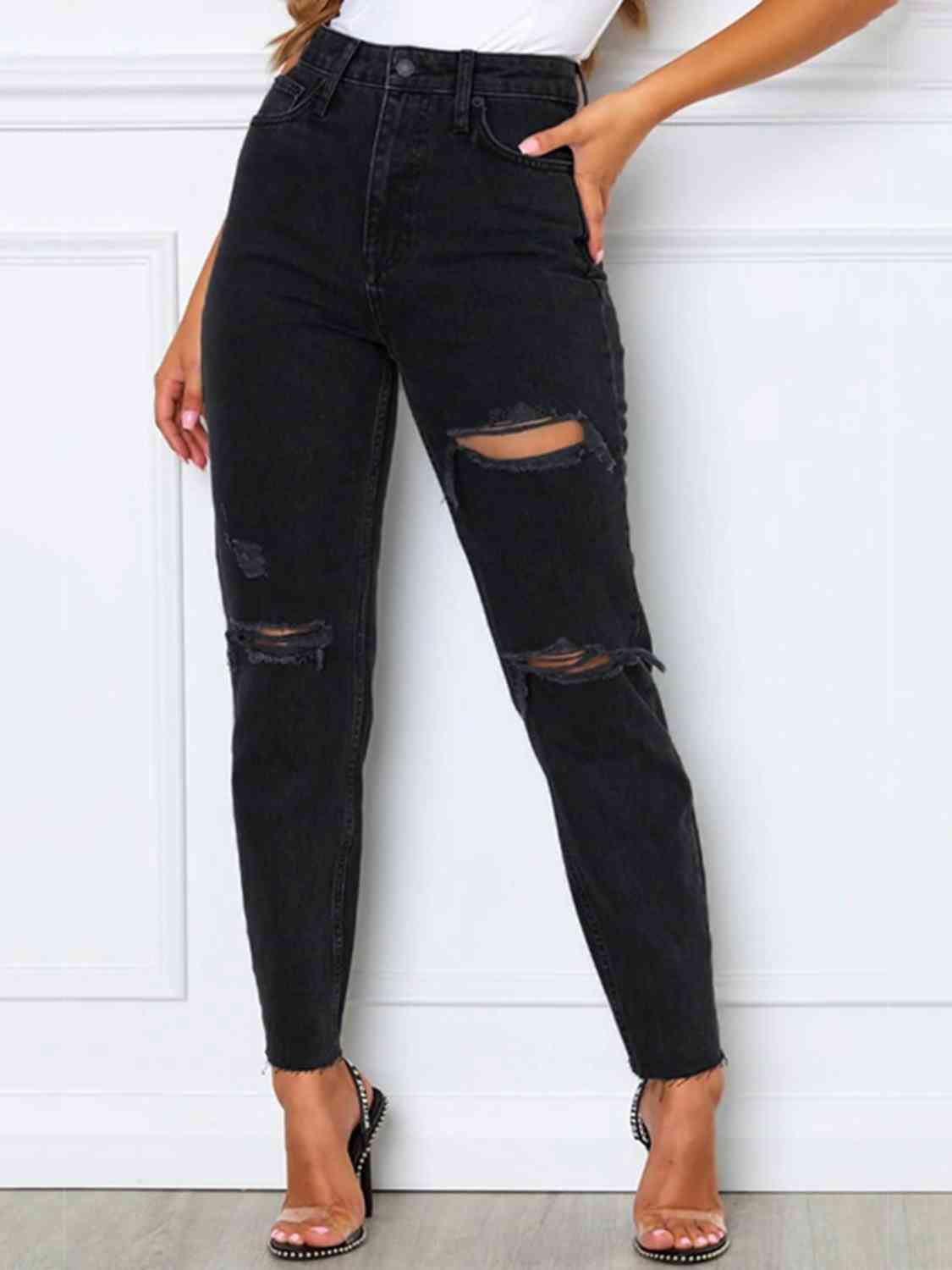 Women Distressed High Waist Straight Jeans